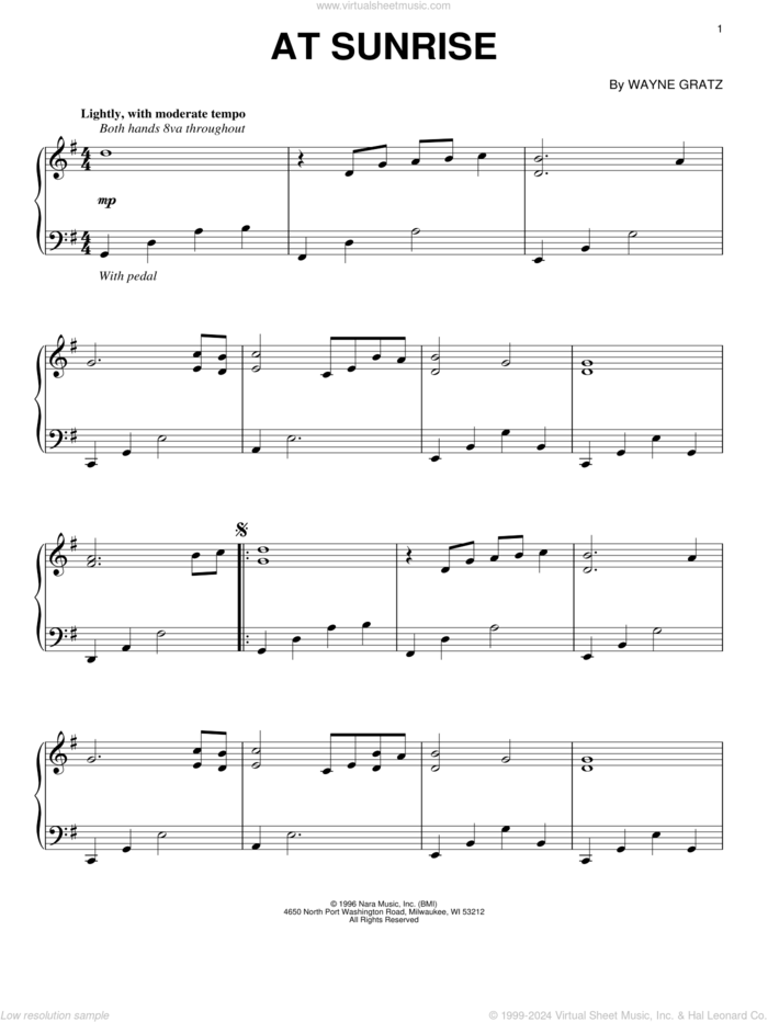 At Sunrise sheet music for piano solo by Wayne Gratz, intermediate skill level