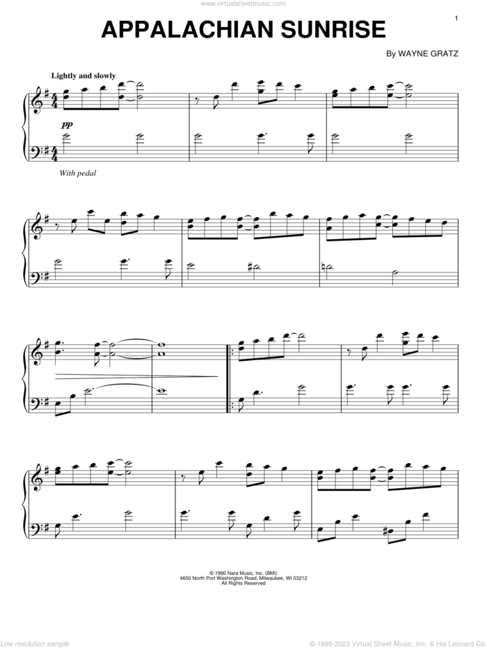 Appalachian Sunrise sheet music for piano solo by Wayne Gratz, intermediate skill level
