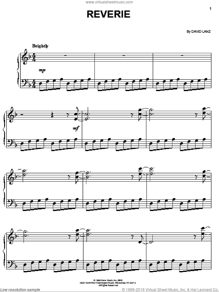 Reverie sheet music for piano solo by David Lanz, easy skill level
