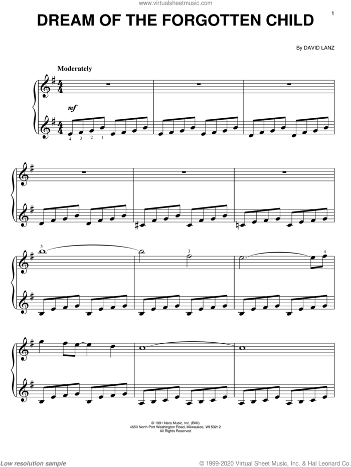 Dream Of The Forgotten Child sheet music for piano solo by David Lanz, easy skill level
