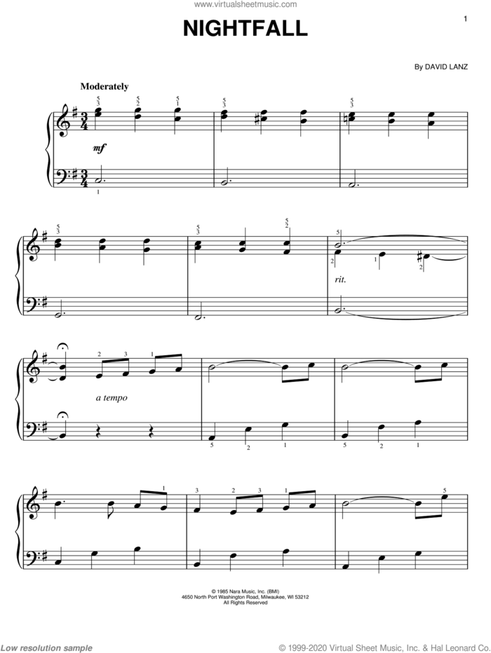 Nightfall sheet music for piano solo by David Lanz, easy skill level