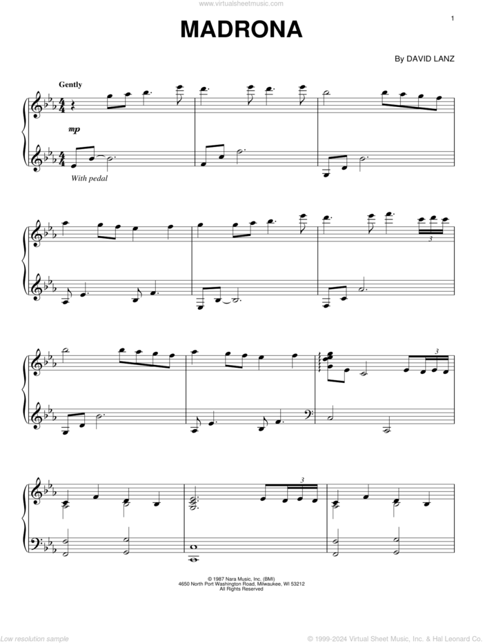 Madrona sheet music for piano solo by David Lanz, intermediate skill level