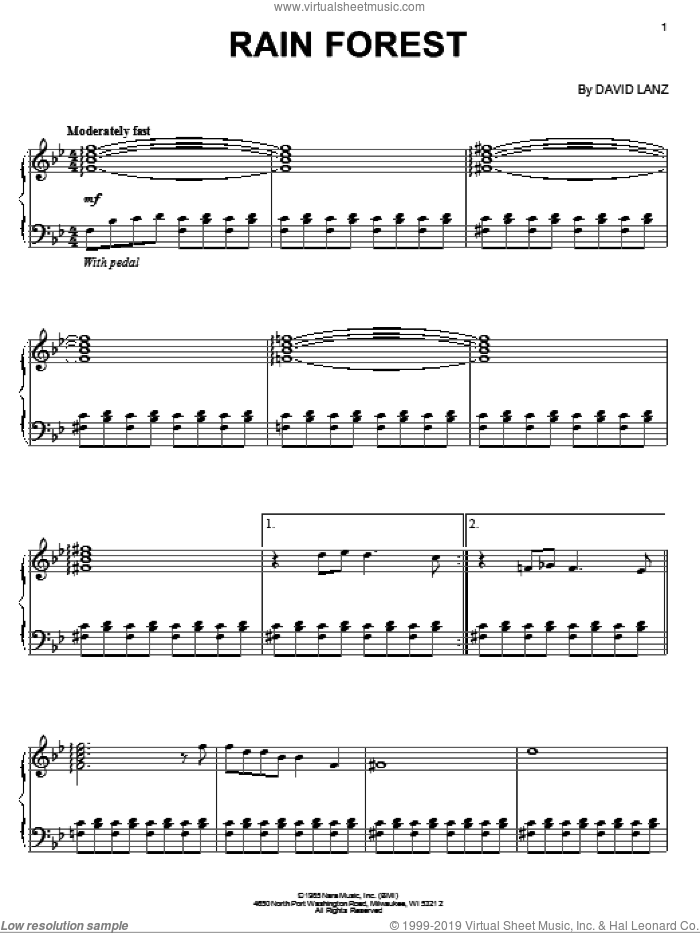 Rain Forest sheet music for piano solo by David Lanz, intermediate skill level
