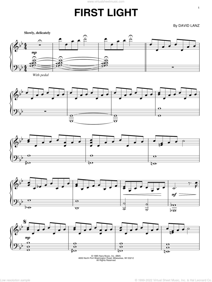 First Light sheet music for piano solo by David Lanz, intermediate skill level