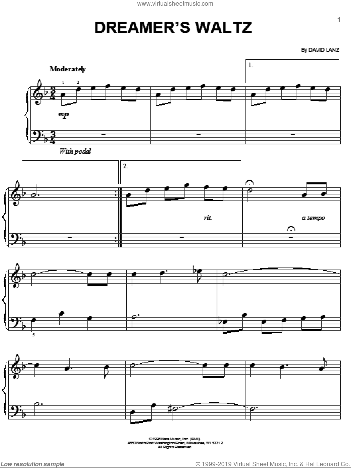 Dreamer's Waltz sheet music for piano solo by David Lanz, easy skill level