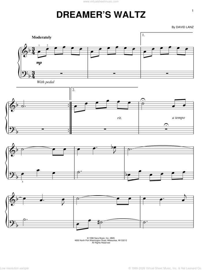Dreamer's Waltz sheet music for piano solo by David Lanz, easy skill level