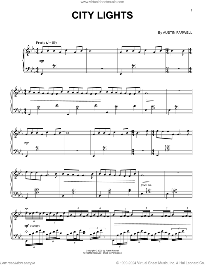 City Lights sheet music for piano solo by Austin Farwell, classical score, intermediate skill level