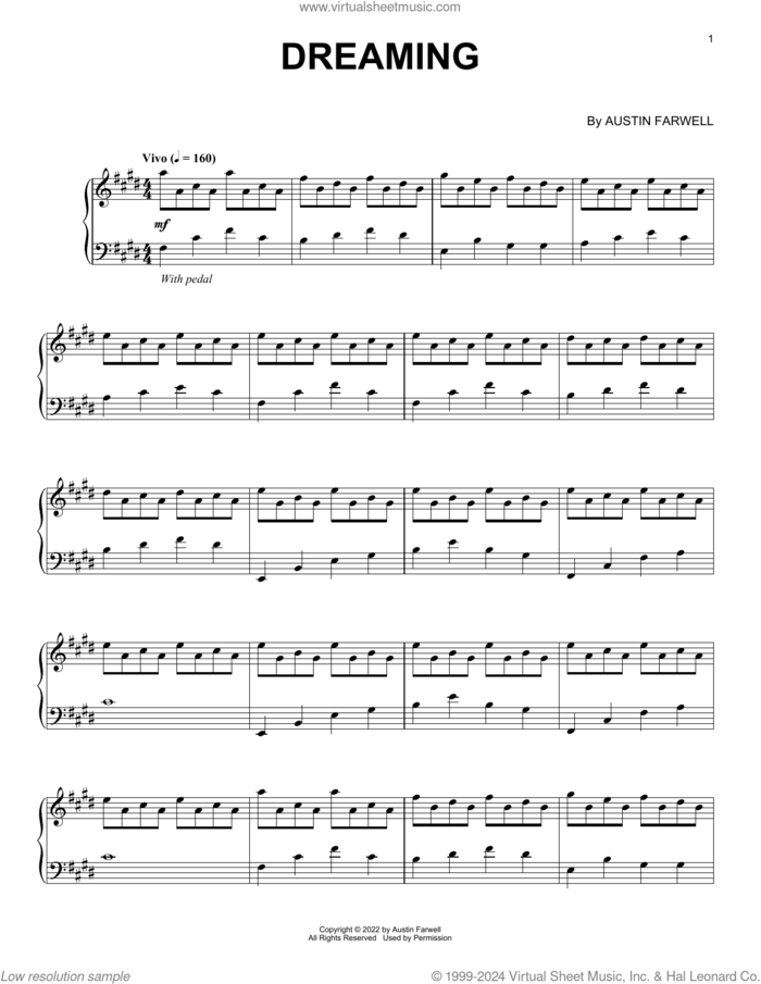 Dreaming sheet music for piano solo by Austin Farwell, classical score, intermediate skill level