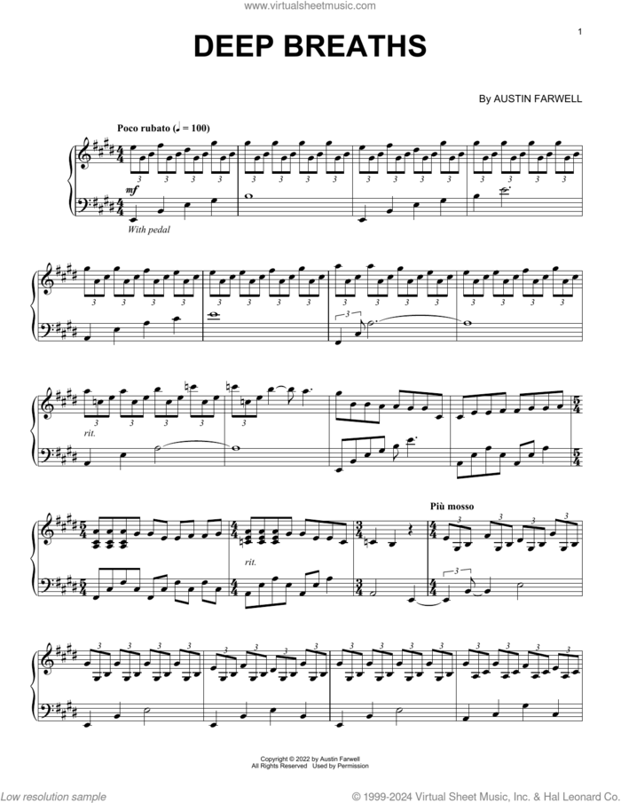 Deep Breaths sheet music for piano solo by Austin Farwell, classical score, intermediate skill level