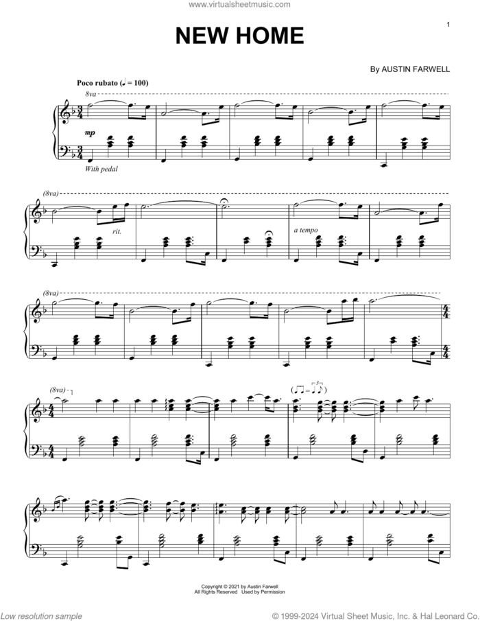 New Home sheet music for piano solo by Austin Farwell, classical score, intermediate skill level