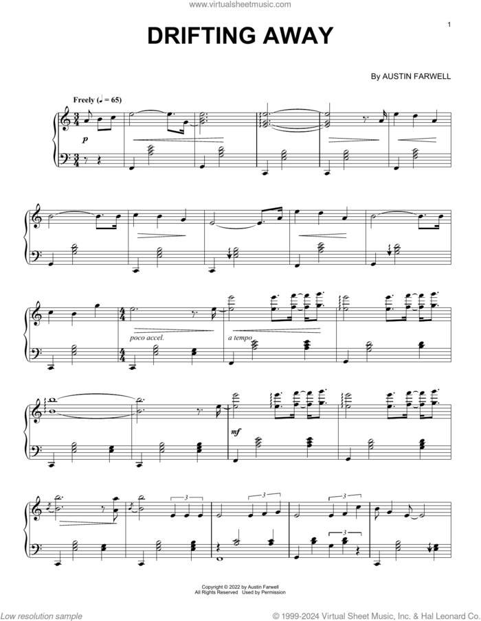 Drifting Away sheet music for piano solo by Austin Farwell, classical score, intermediate skill level