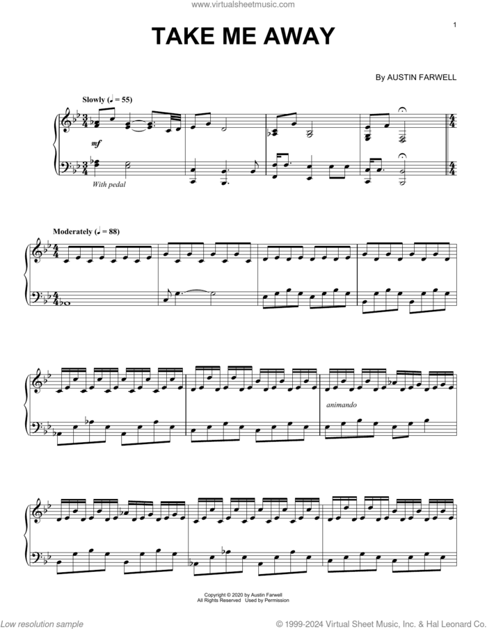 Take Me Away sheet music for piano solo by Austin Farwell, classical score, intermediate skill level