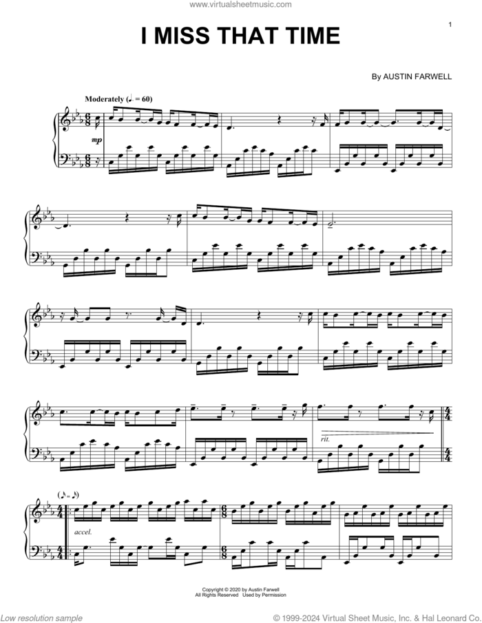 I Miss That Time sheet music for piano solo by Austin Farwell, classical score, intermediate skill level