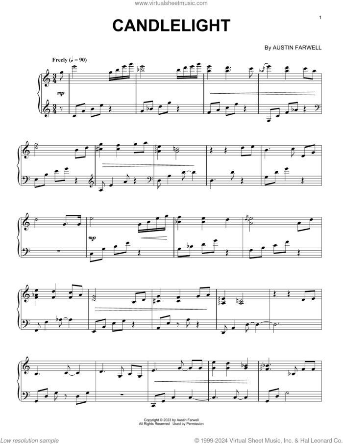 Candlelight sheet music for piano solo by Austin Farwell, classical score, intermediate skill level