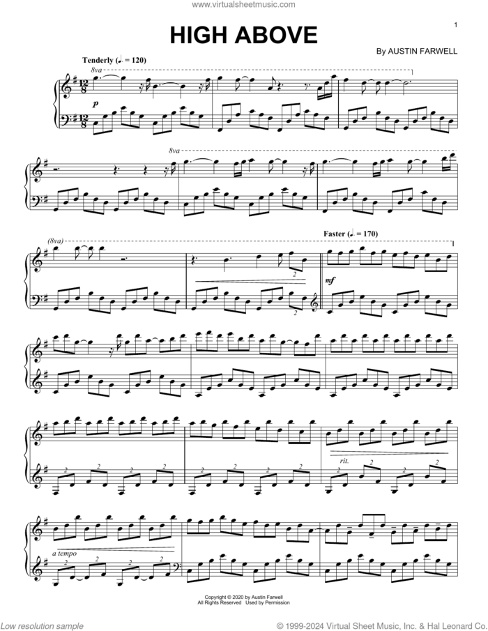 High Above sheet music for piano solo by Austin Farwell, classical score, intermediate skill level