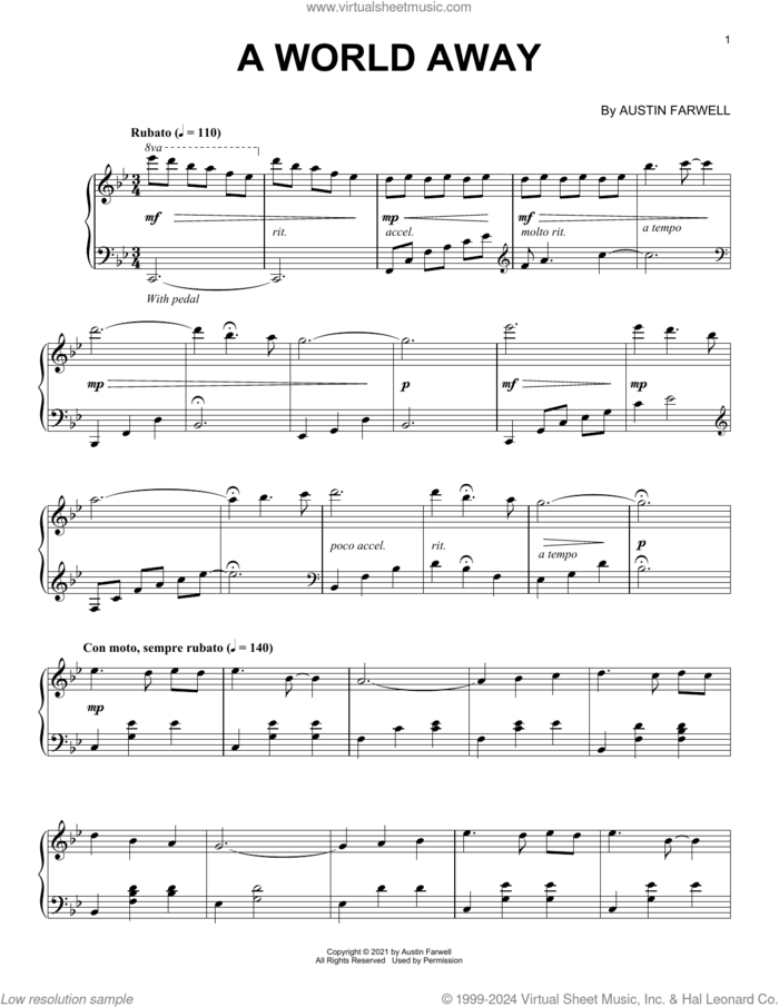 A World Away sheet music for piano solo by Austin Farwell, classical score, intermediate skill level