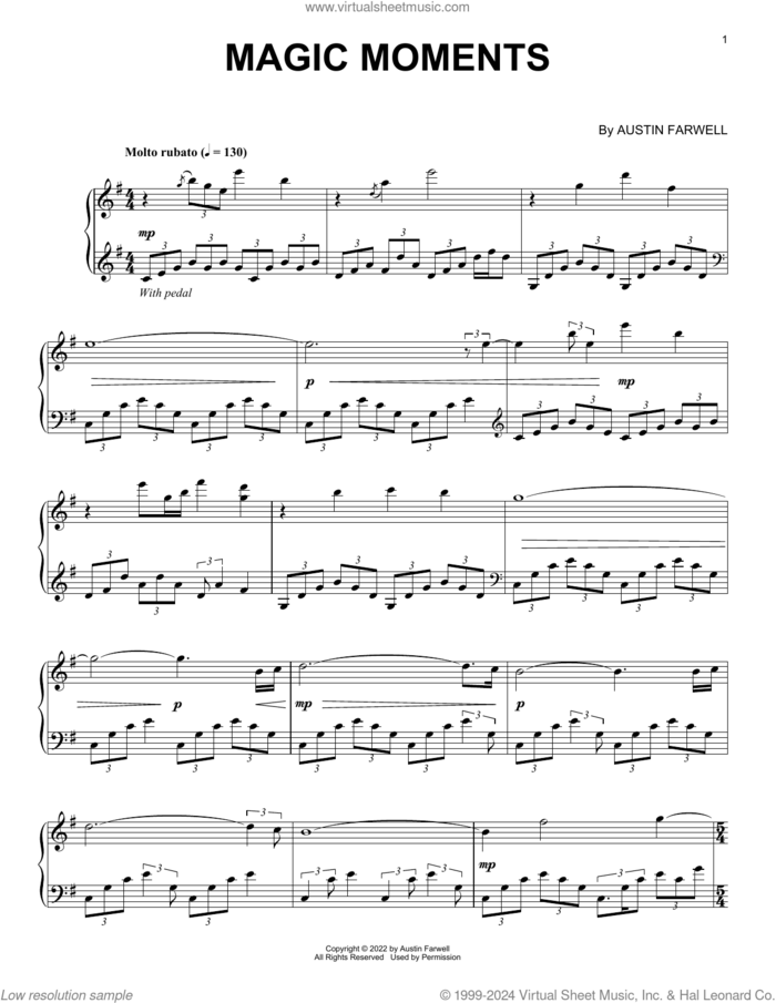 Magic Moments sheet music for piano solo by Austin Farwell, classical score, intermediate skill level