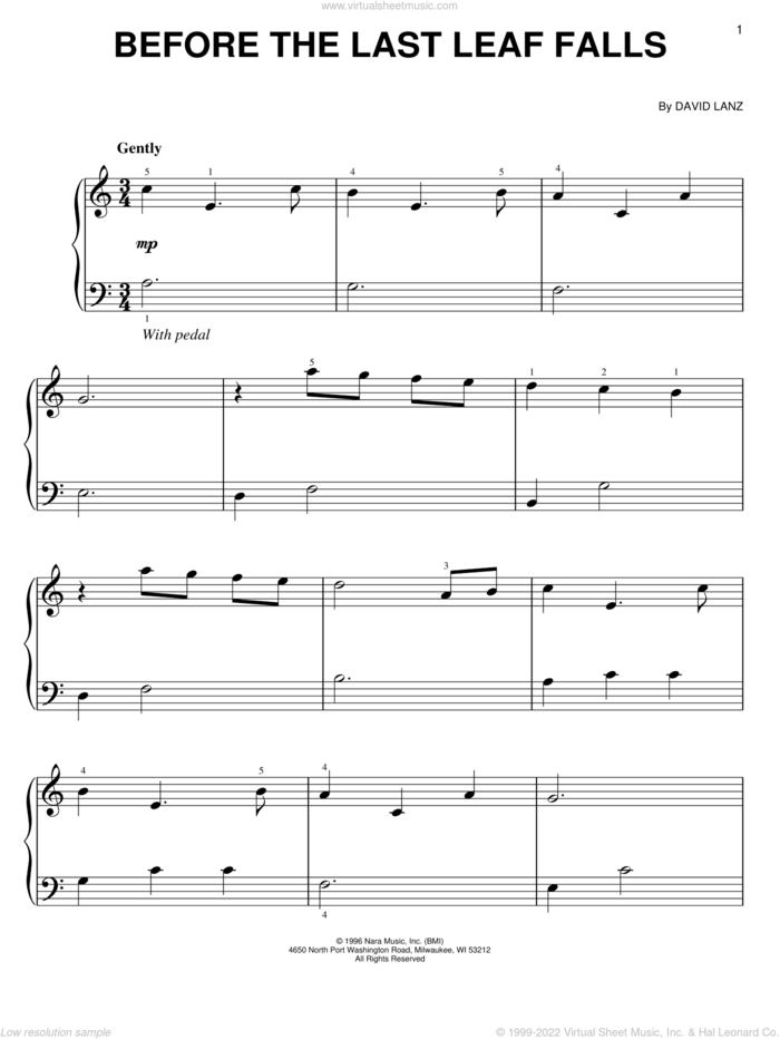 Before The Last Leaf Falls, (easy) sheet music for piano solo by David Lanz, easy skill level