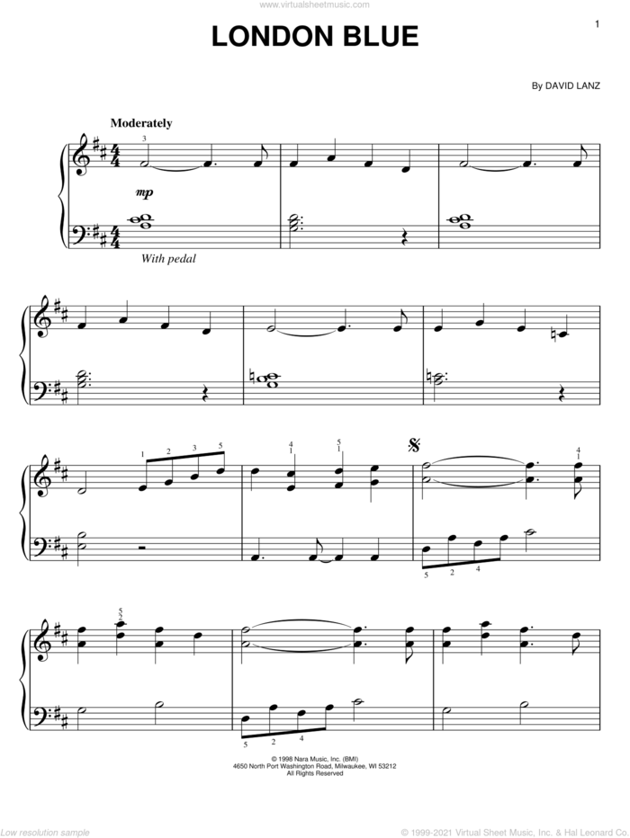London Blue sheet music for piano solo by David Lanz, easy skill level