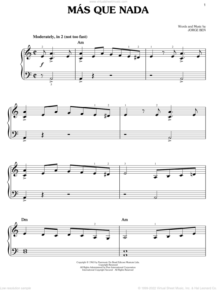 Mas Que Nada, (easy) sheet music for piano solo by Sergio Mendes and Jorge Ben, easy skill level