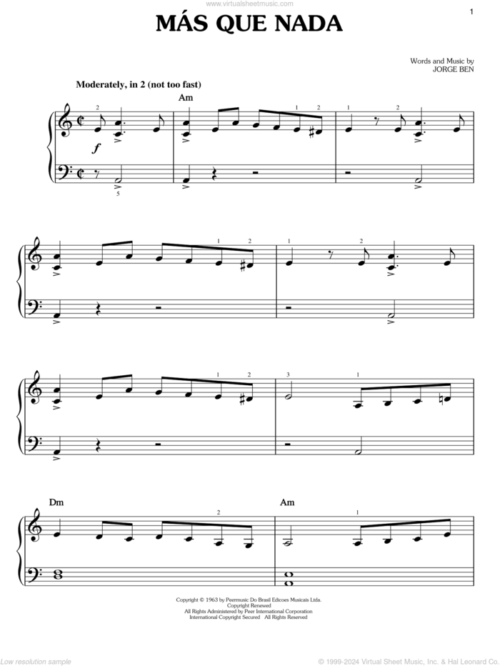 Mas Que Nada, (easy) sheet music for piano solo by Sergio Mendes and Jorge Ben, easy skill level