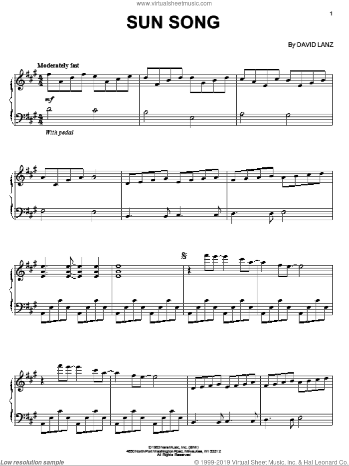 Sun Song sheet music for piano solo by David Lanz, intermediate skill level