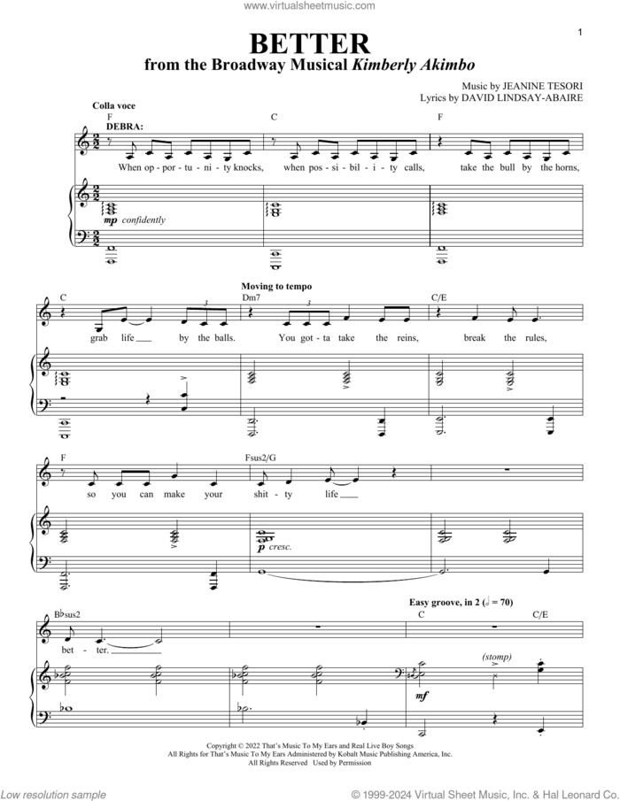 Better (from Kimberly Akimbo) sheet music for voice and piano by David Lindsay-Abaire and Jeanine Tesori, David Lindsay-Abaire and Jeanine Tesori, intermediate skill level