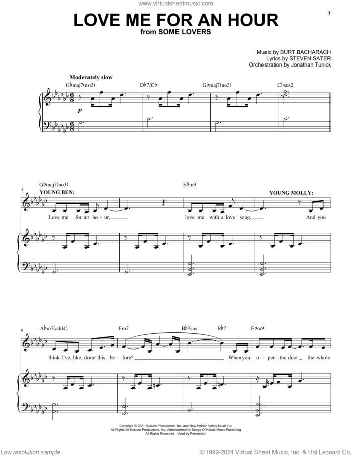 Love Me For An Hour (from Some Lovers) sheet music for voice and piano by Burt Bacharach, Burt Bacharach & Steven Sater, Jonathan Tunick and Steven Sater, intermediate skill level