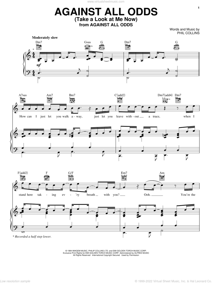 Against All Odds (Take A Look At Me Now) sheet music for voice, piano or guitar by Phil Collins, intermediate skill level