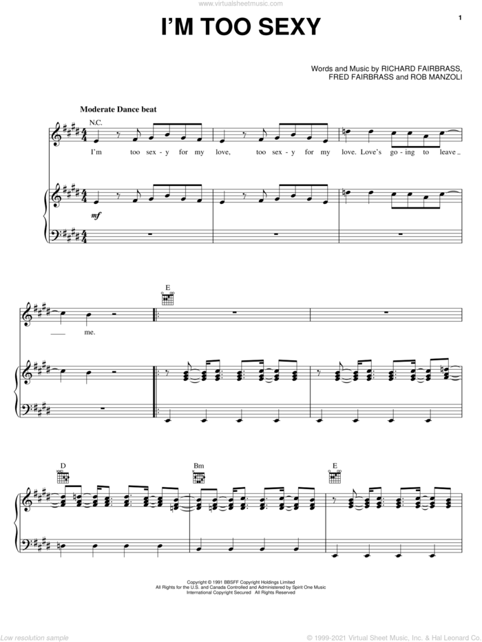 I'm Too Sexy sheet music for voice, piano or guitar by Right Said Fred, Fred Fairbrass, Richard Fairbrass and Robert Manzoli, intermediate skill level