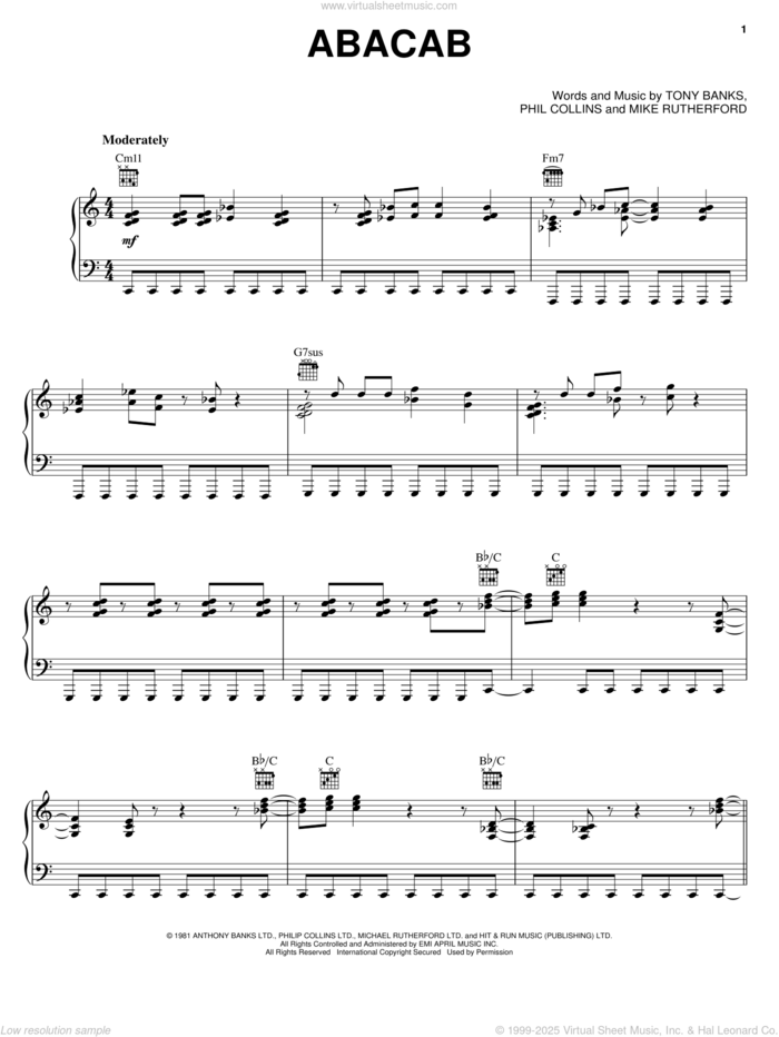 Abacab sheet music for voice, piano or guitar by Genesis, Mike Rutherford, Phil Collins and Tony Banks, intermediate skill level