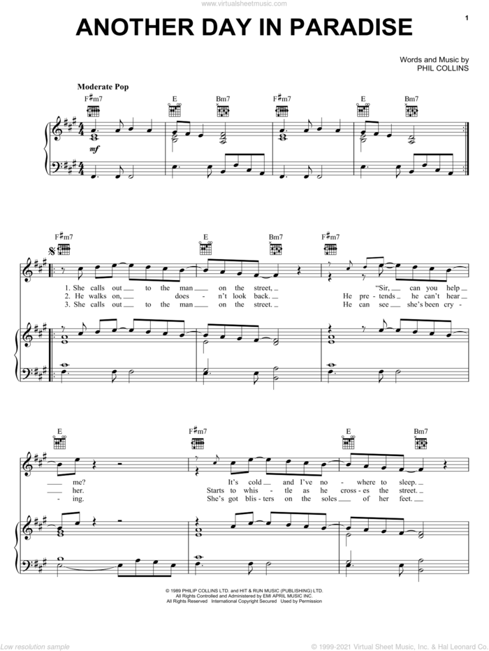 Another Day In Paradise sheet music for voice, piano or guitar by Phil Collins, intermediate skill level