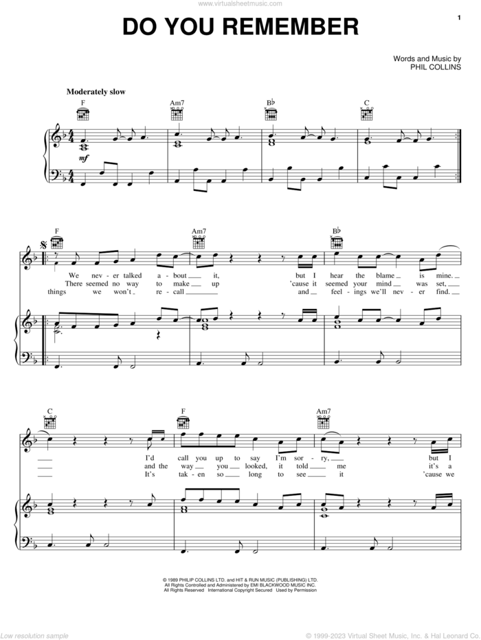 Do You Remember sheet music for voice, piano or guitar by Phil Collins, intermediate skill level