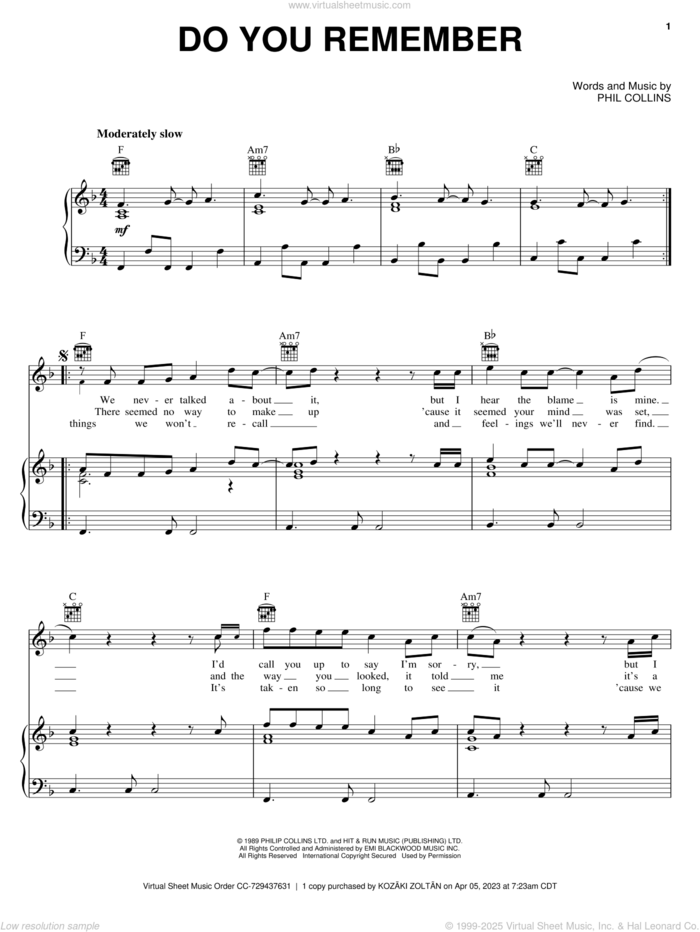 Do You Remember sheet music for voice, piano or guitar by Phil Collins, intermediate skill level