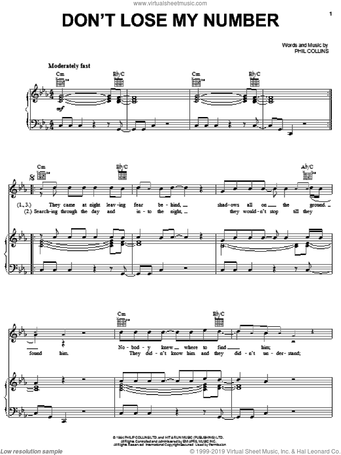 Don't Lose My Number sheet music for voice, piano or guitar by Phil Collins, intermediate skill level