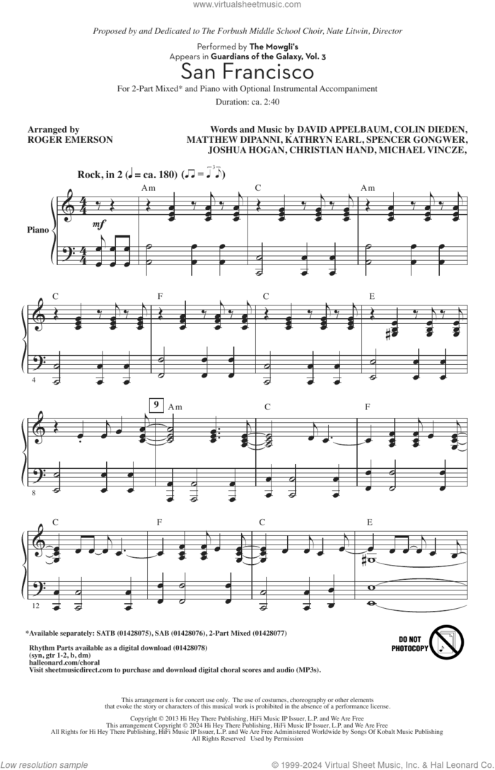 San Francisco (arr. Roger Emerson) sheet music for choir (2-Part Mixed) by The Mowgli's, Roger Emerson, Christian James Hand, Colin Dieden, David Naftali Appelbaum, Joshua Hogan, Kathryn Jayne Earl, Matthew David Dipanni, Michael Vincze and Spencer Trent Gongwer, intermediate skill level