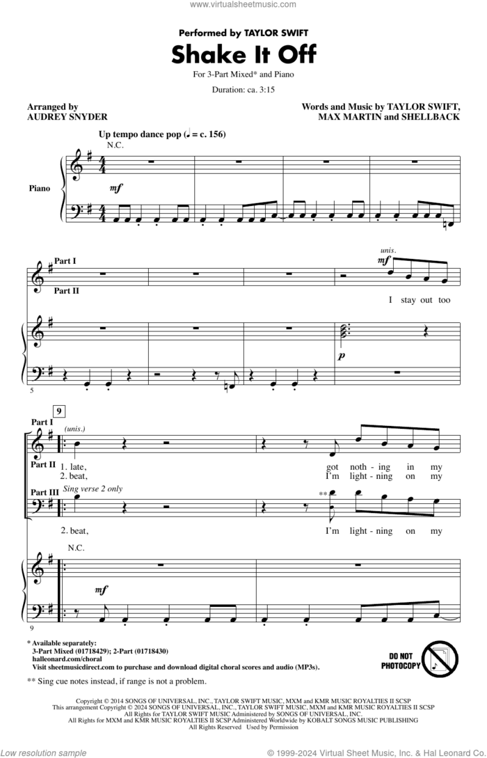 Shake It Off (arr. Audrey Snyder) sheet music for choir (3-Part Mixed) by Taylor Swift, Audrey Snyder, Johan Schuster, Max Martin and Shellback, intermediate skill level