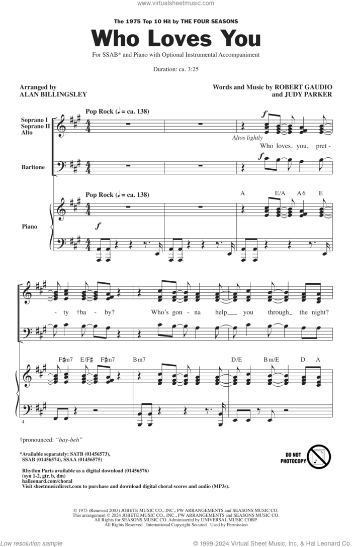 Who Loves You (arr. Alan Billingsley) sheet music for choir (SSAB) by The Four Seasons, Alan Billingsley, Judy Parker and Robert Gaudio, intermediate skill level