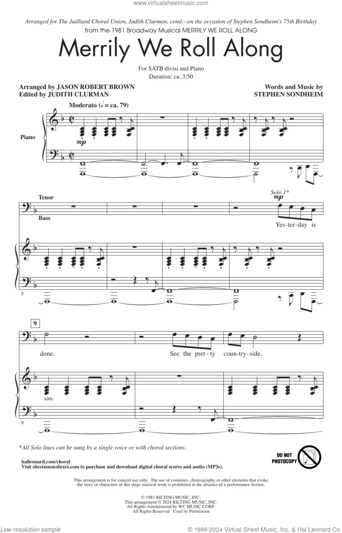 Merrily We Roll Along (from Merrily We Roll Along) (arr. Jason Robert Brown) sheet music for choir (SATB Divisi) by Stephen Sondheim, Jason Robert Brown and Judith Clurman, intermediate skill level