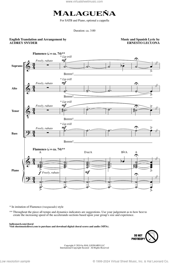 Malaguena sheet music for choir (SATB: soprano, alto, tenor, bass) by Ernesto Lecuona, Audrey Snyder and Marian Banks, intermediate skill level