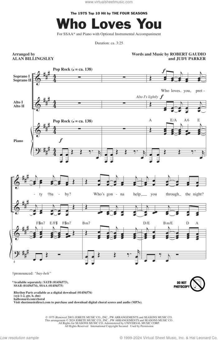 Who Loves You (arr. Alan Billingsley) sheet music for choir (SSAA: soprano, alto) by The Four Seasons, Alan Billingsley, Judy Parker and Robert Gaudio, intermediate skill level