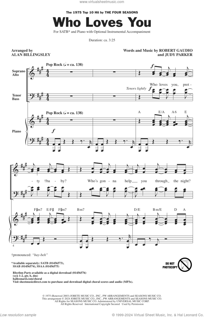 Who Loves You (arr. Alan Billingsley) sheet music for choir (SATB: soprano, alto, tenor, bass) by The Four Seasons, Alan Billingsley, Judy Parker and Robert Gaudio, intermediate skill level