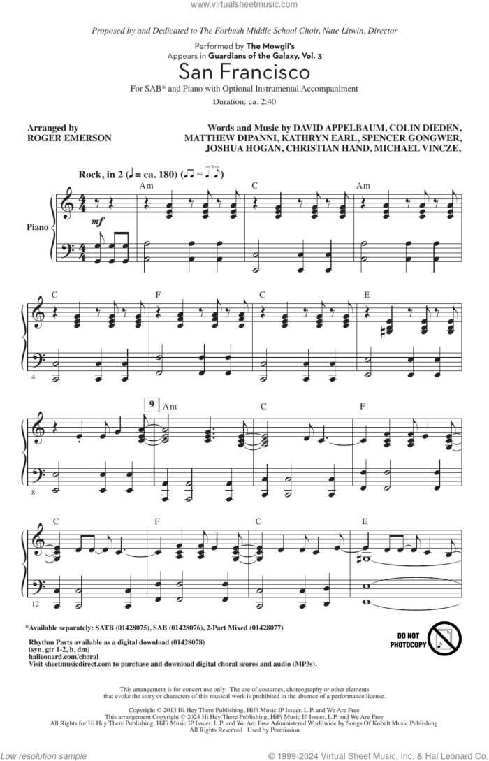 San Francisco (arr. Roger Emerson) sheet music for choir (SAB: soprano, alto, bass) by The Mowgli's, Roger Emerson, Christian James Hand, Colin Dieden, David Naftali Appelbaum, Joshua Hogan, Kathryn Jayne Earl, Matthew David Dipanni, Michael Vincze and Spencer Trent Gongwer, intermediate skill level