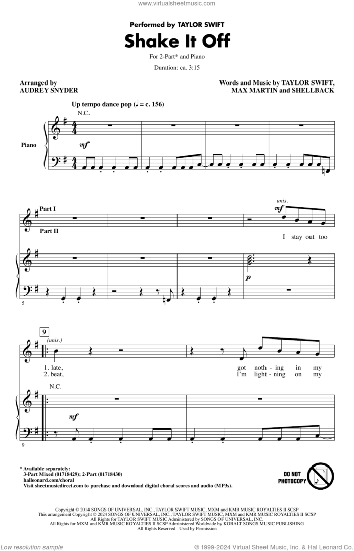 Shake It Off (arr. Audrey Snyder) sheet music for choir (2-Part) by Taylor Swift, Audrey Snyder, Johan Schuster, Max Martin and Shellback, intermediate duet