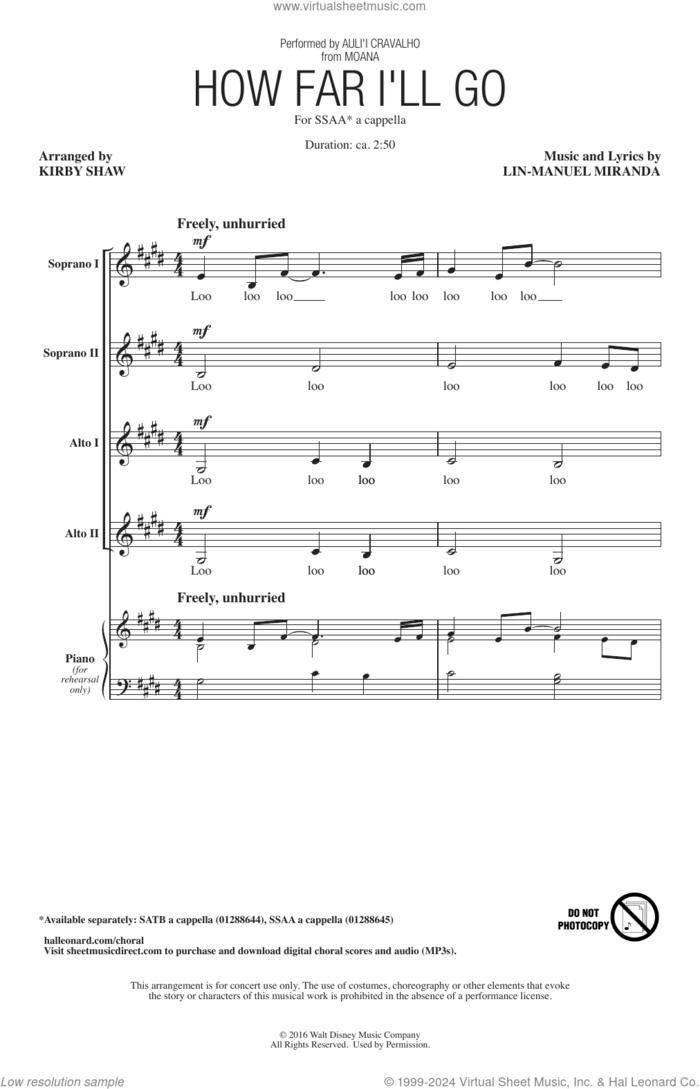 How Far I'll Go (from Moana) (arr. Kirby Shaw) sheet music for choir (SSAA: soprano, alto) by Auliʻi Cravalho, Kirby Shaw, Alessia Cara and Lin-Manuel Miranda, intermediate skill level