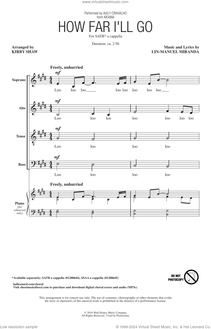 How Far I'll Go (from Moana) (arr. Kirby Shaw) sheet music for choir (SATB: soprano, alto, tenor, bass) by Auliʻi Cravalho, Kirby Shaw, Alessia Cara and Lin-Manuel Miranda, intermediate skill level