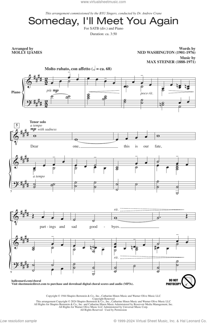 Someday, I'll Meet You Again (arr. Molly Ijames) sheet music for choir (SATB: soprano, alto, tenor, bass) by Ned Washington, Molly Ijames and Max Steiner, intermediate skill level