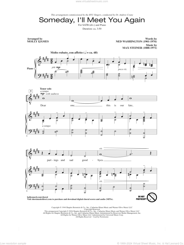 Someday, I'll Meet You Again (arr. Molly Ijames) sheet music for choir (SATB: soprano, alto, tenor, bass) by Ned Washington, Molly Ijames and Max Steiner, intermediate skill level