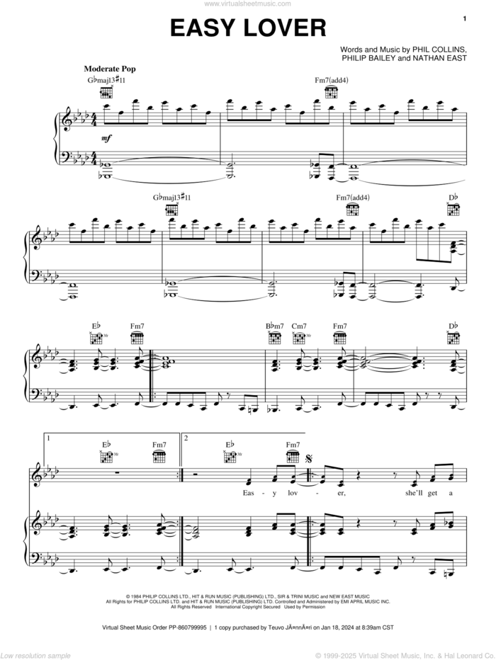 Easy Lover sheet music for voice, piano or guitar by Phil Collins & Philip Bailey, Nathan East, Phil Collins and Philip Bailey, intermediate skill level