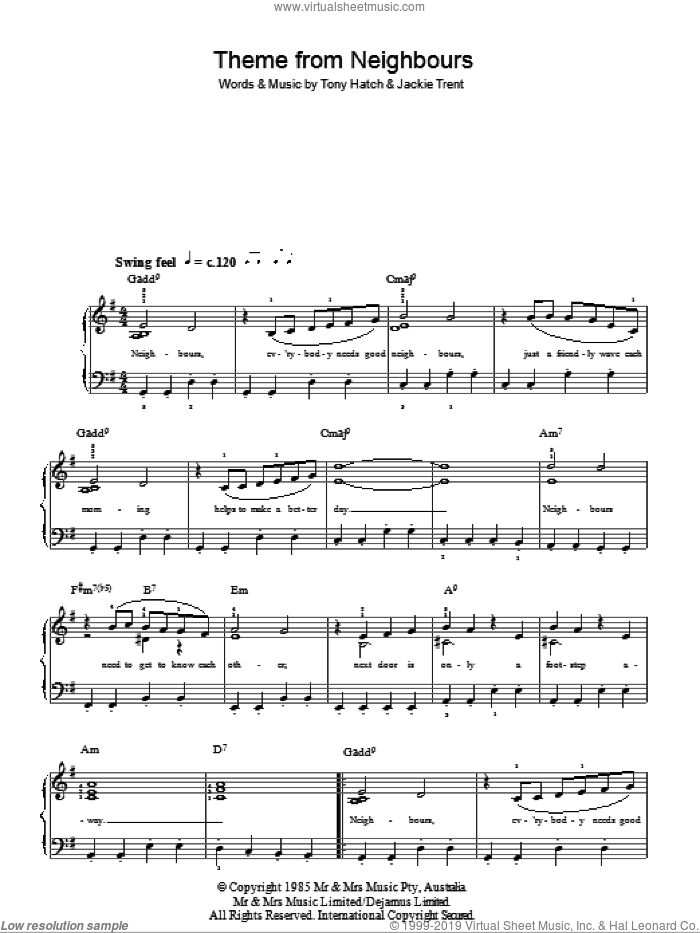 Theme From Neighbours, (easy) sheet music for piano solo by Tony Hatch and Jackie Trent, easy skill level